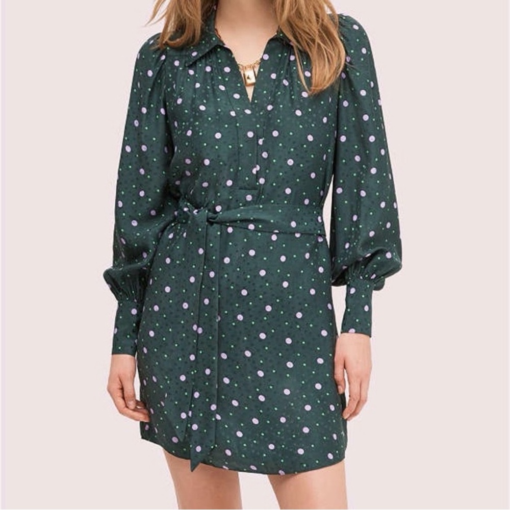 Kate Spade Women's Size XS Pop‎ Polka Dots Shirtdress Green Dress Silk Blend